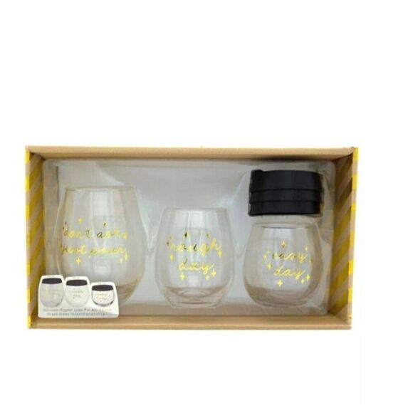 TMD Don't Ask Just Pour, Rough Day, Easy Day, Stemless Wine glasses w silicone - Picture 1 of 9